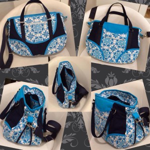 SchnabelinaBag, weiß-türkis-dunkelblau mit weißen Reißverschlüssen, dunkelblauem Gurtband