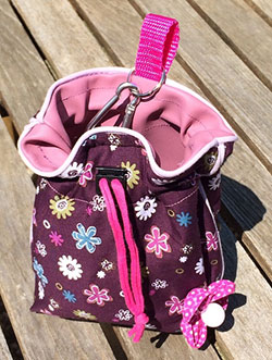 Leckerlibeutel in verschiedenen Designs und Größen. Innen abwaschbar gefüttert und je nach Machart mit einem Karabiner oder Klettverschluss zu befestigen.